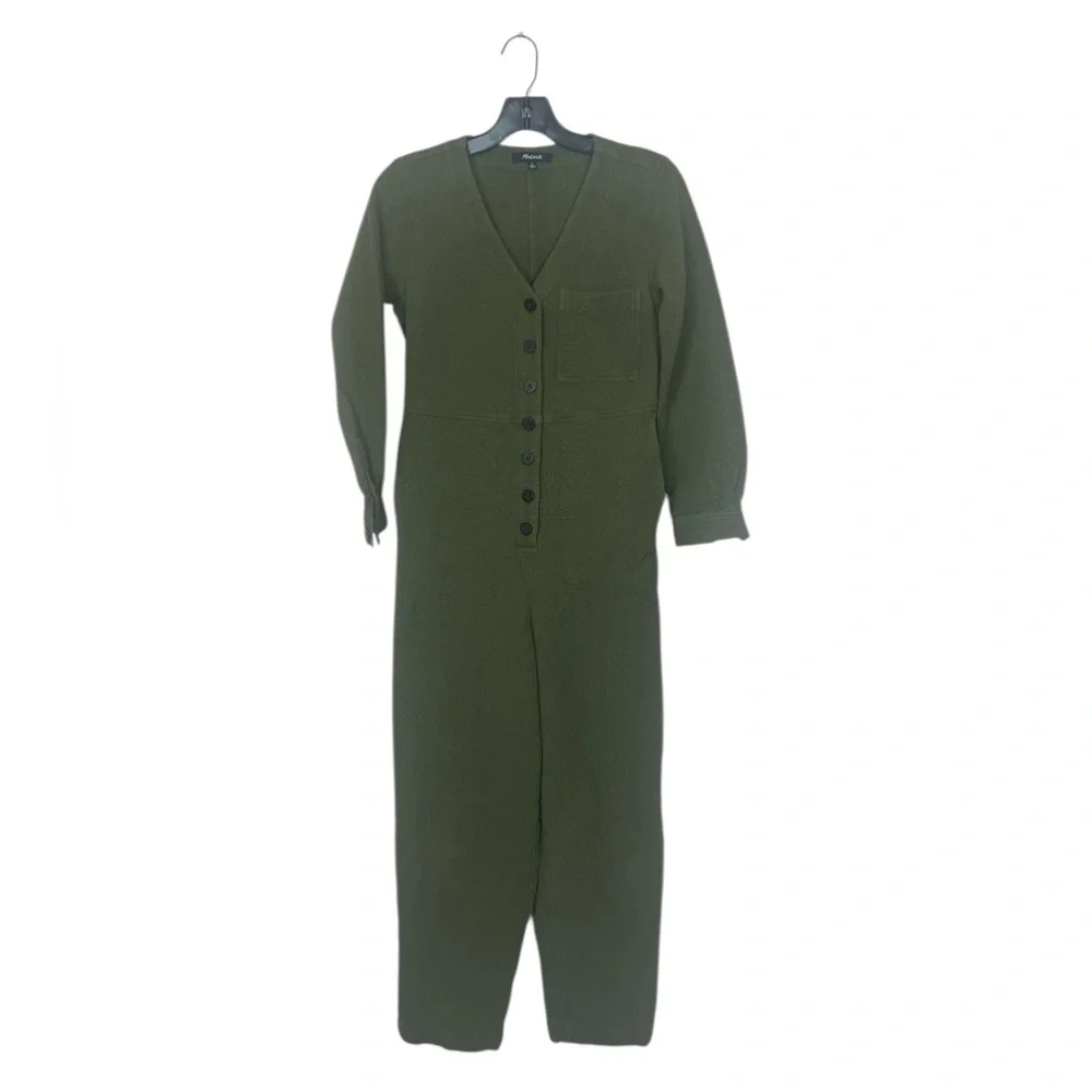 Madewell Olive Green Diamond Jacquard Button-Up Coverall Jumpsuit
